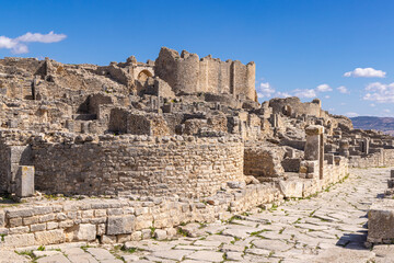Dougga, Beja, Tunisia. Building remains at the Roman ruins.