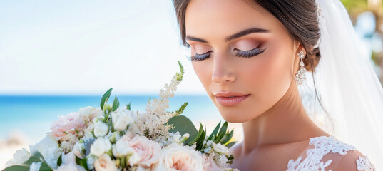 Naklejka premium Beautiful bride holding bouquet posing on beach wedding day