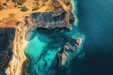 Stunning coastal cliffs meet vibrant turquoise waters in a serene landscape at sunset