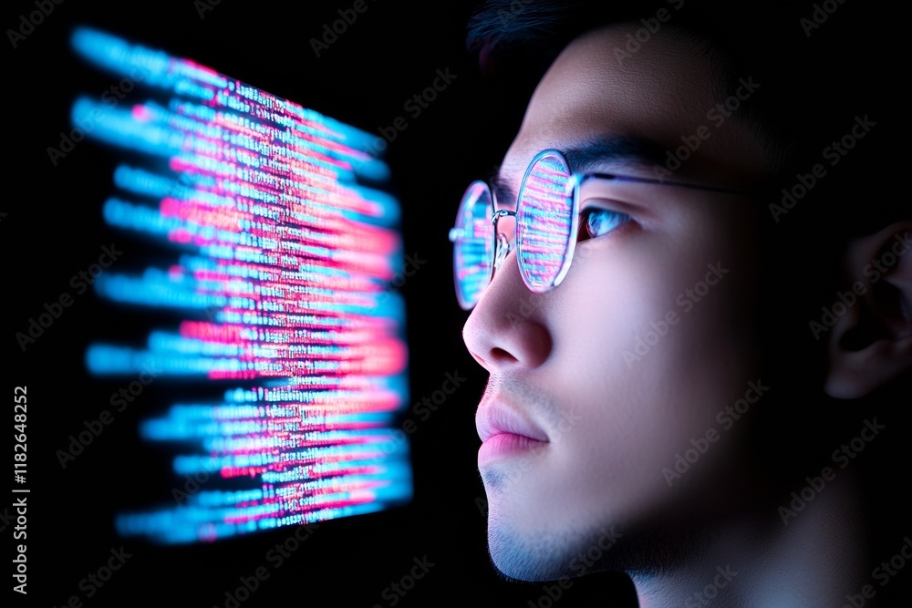 Poster focused young professional analyzing data on futuristic interface in cyberpunk environment