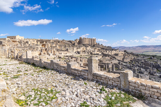 Dougga, Beja, Tunisia. Building remains at the Roman ruins.
