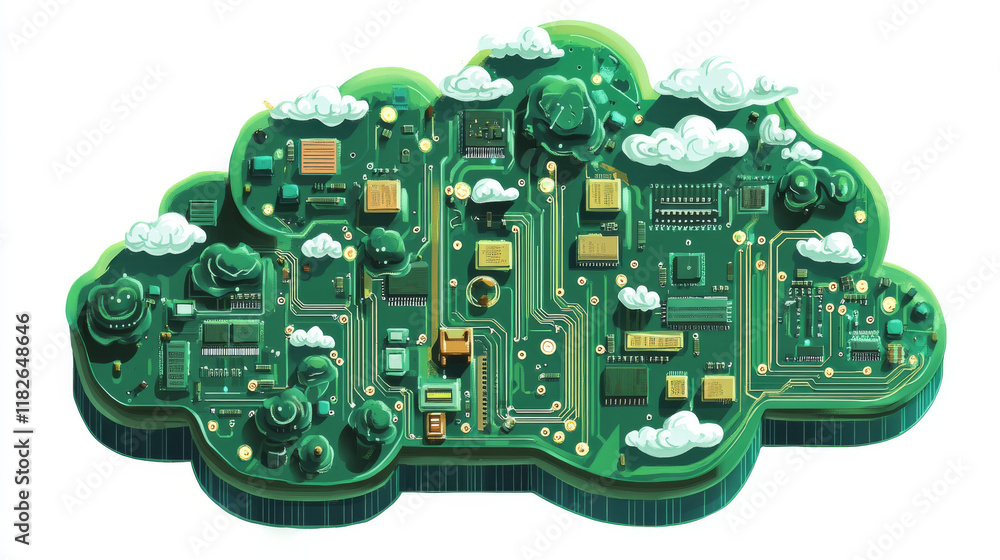 Poster circuit board in the form of a cloud. microchip cloud-based technology background. high- tech vector