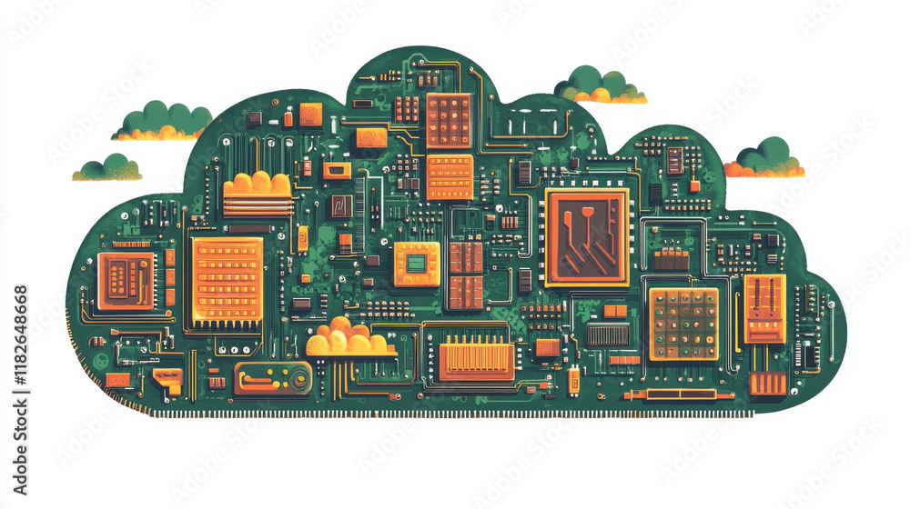 Poster circuit board in the form of a cloud. microchip cloud-based technology background. high- tech vector