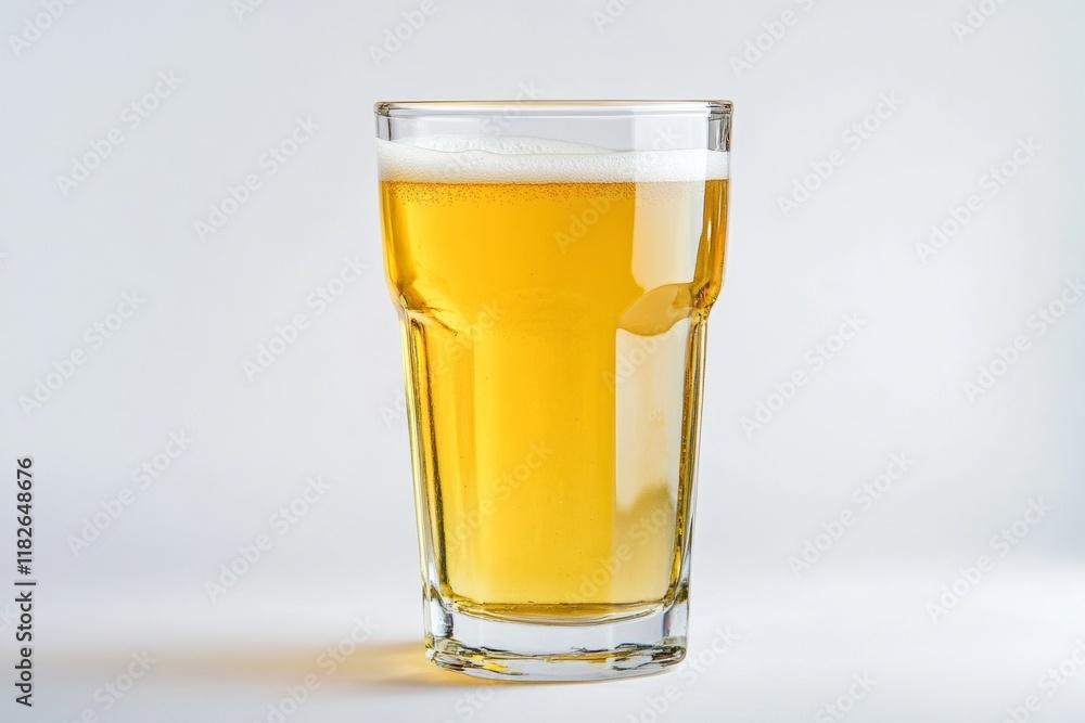 Poster a clear glass filled with golden cider displays a frothy top, illuminated against a simple white bac