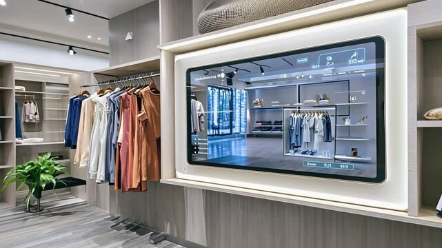 Interactive smart mirror displaying virtual closet in modern clothing store