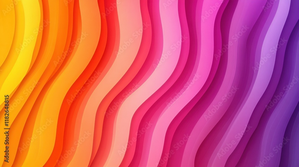 Poster abstract artwork composed of layered, wavy lines transitioning seamlessly from warm yellow hues to c