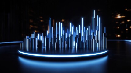 Futuristic cityscape with towering, illuminated buildings and a glowing circular base, creating a sense of awe and wonder