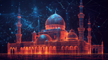 Fototapeta premium A hologram of a mosque. A Muslim mosque made of polygons, triangles of dots and lines. Mosque is a low-poly compound structure. Technology concept vector.