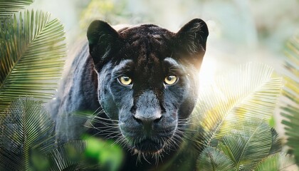 black panther emerging from jungle foliage in double exposure effect