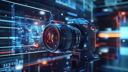 Video camera hologram. Digital and technological background of a video camera. Futuristic video camera design