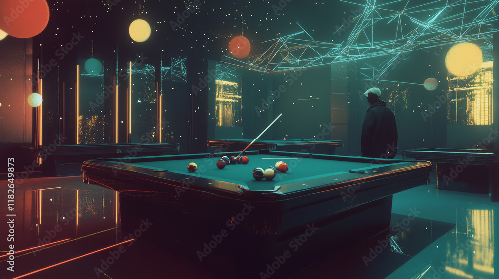 Aufkleber a billiard hologram. a billiard table of polygons, triangles of points and lines. a billiard player 