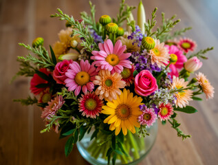 A vase of flowers with orange and pink flowers in it