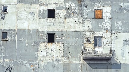 Weathered concrete building facade with windows and balcony