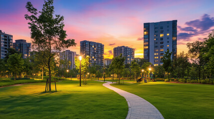Spacious Urban Park at Twilight with Silhouetted Trees and Colorful Evening Sky Amidst Modern Apartments