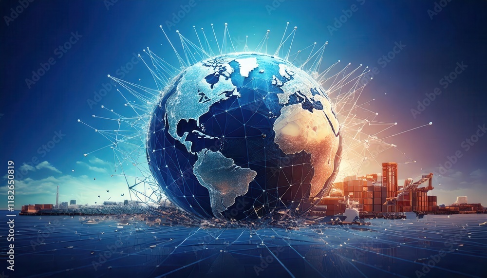 Poster an artistic representation of global trade dynamics and the geopolitical risks affecting internation