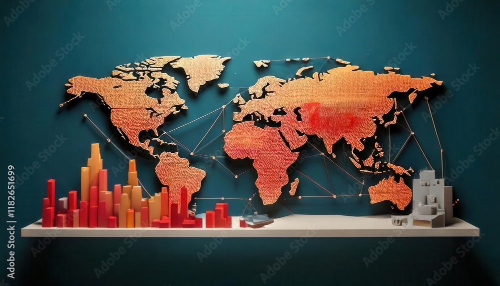 Poster a creative representation of geopolitical risks using a world map and bar graphs to highlight global