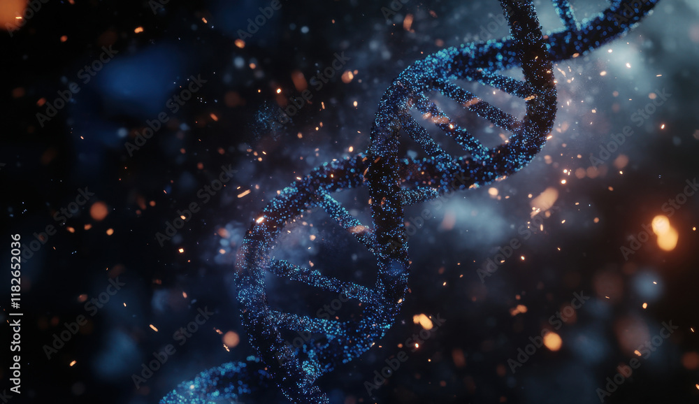Poster a glowing double helix of dna floats in darkness, surrounded by shimmering particles and faint light