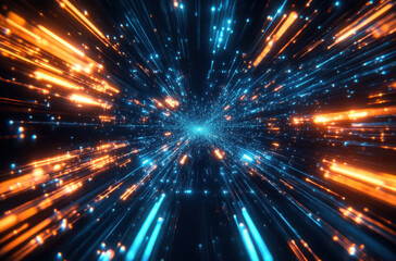 Naklejka premium Vibrant lines of light in varying hues of blue and orange collide in a spectacular display, simulating a burst of energy as they stretch outward in all directions.