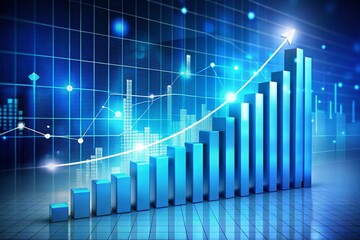 Naklejka premium 3D Bar Graph Showing Growth, Blue Shades, Grid Background, Bokeh Effect - Stock Photo