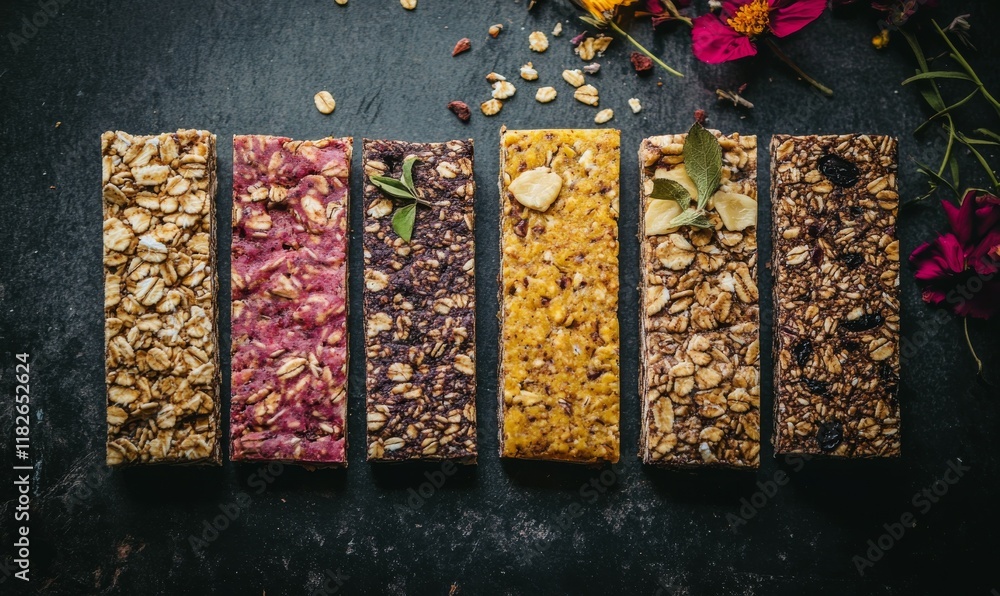 Poster row of six different kinds of granola bars. the bars are all different colors and have different ing