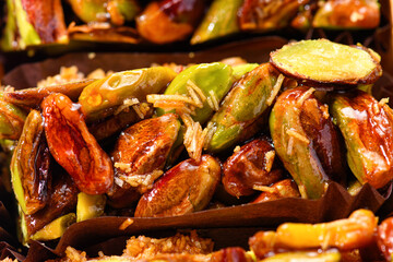 Sweet food Turkish delight, traditional food, crunchy pistachio bars, granola
