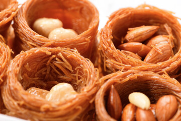 Sweet food Turkish delight, traditional food, bird's nest with honey and nut