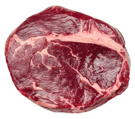 Beef raw steak chuck eye roll on isolated background, top view