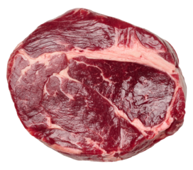 Beef raw steak chuck eye roll on isolated background, top view