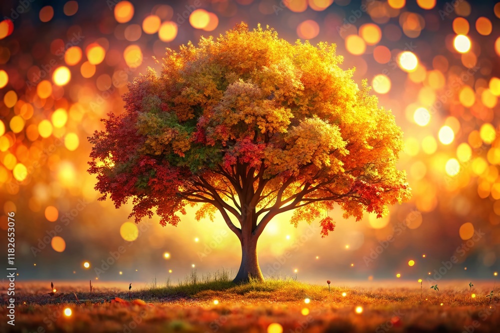 Poster 3d rendered autumn tree with bokeh background - fall foliage stock photo