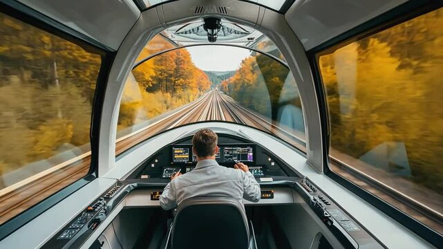 Train driver driving modern high speed train through autumn forest