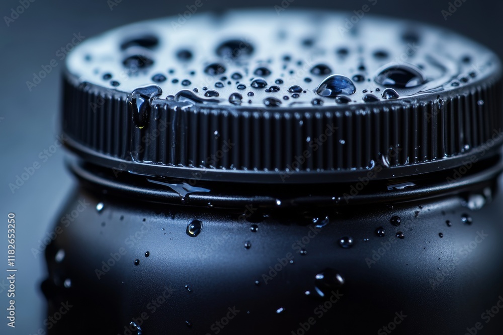 Poster dew drops adorn the surface of a black bottle, capturing light beautifully. the close macro perspect