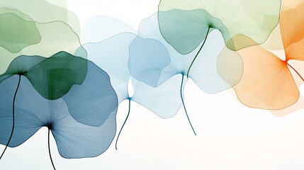 Abstract colorful translucent leaves, botanical illustration, nature design.