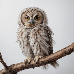 Fototapeta premium A baby owl with fluffy feathers sitting on a branch, white background.