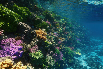 A colorful coral reef with a variety of sea plants and fish