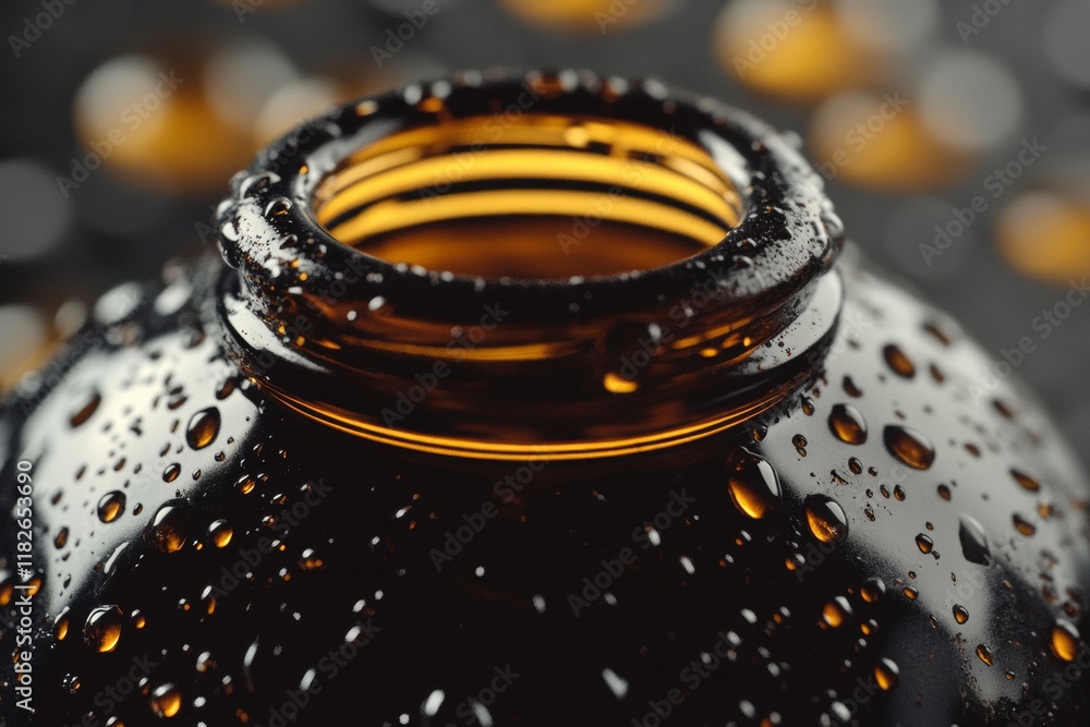 Poster incredible macro shot showcases numerous droplets clinging to the surface of a dark bottle. light re