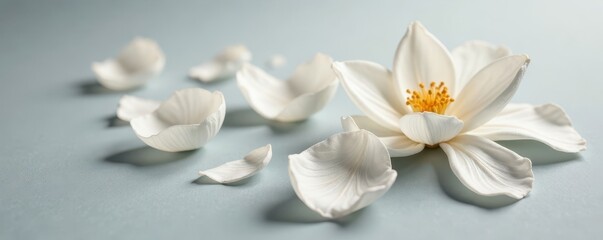 Elegant white silk flower petals scattered on a smooth surface, silk, white, flowers