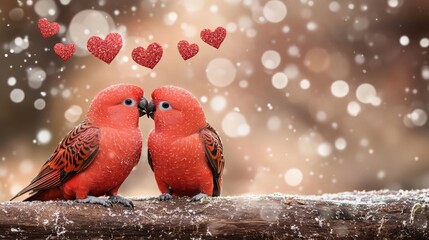 Two red parrots in love with heart symbols and bokeh background