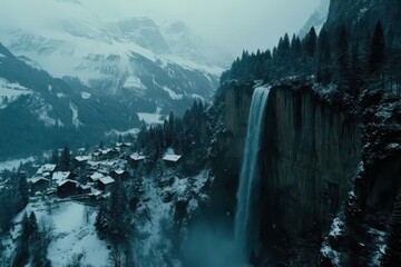 Majestic waterfall cascading down snowy cliffs overlooking a serene village in the heart of winter