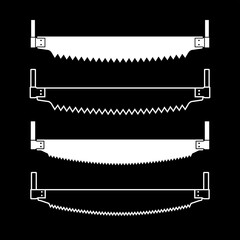 Two-handed saw icon. Carpentry and joinery tools. Hand saw, symbol of construction, sawmill or sawmill. Wood saw. Isolated vector illustration on a white background.