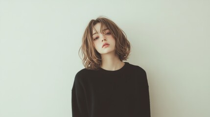 Obraz premium Young woman with short brown hair, wearing a black sweater, against a white background.