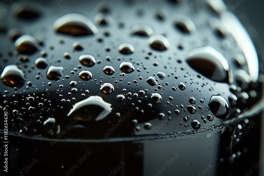 Poster water droplets create a striking pattern on the surface of a bottle, showcasing intricate details an