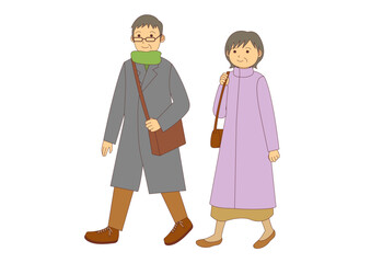 冬に観光をするシニアの男性と女性のイラストのセット_主線あり
