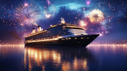 Majestic cruise ship on ocean at night with vibrant fireworks display