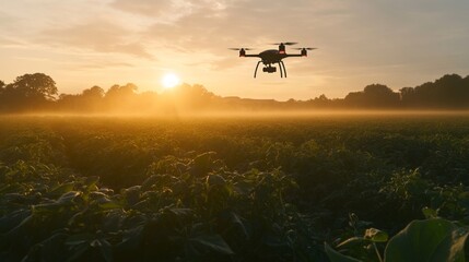 Fototapeta premium Drone flying over lush green field at sunrise with misty background