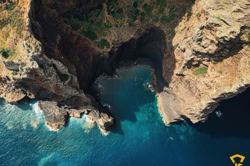 Majestic cliffs embrace turquoise waters in a stunning coastal view at dawn