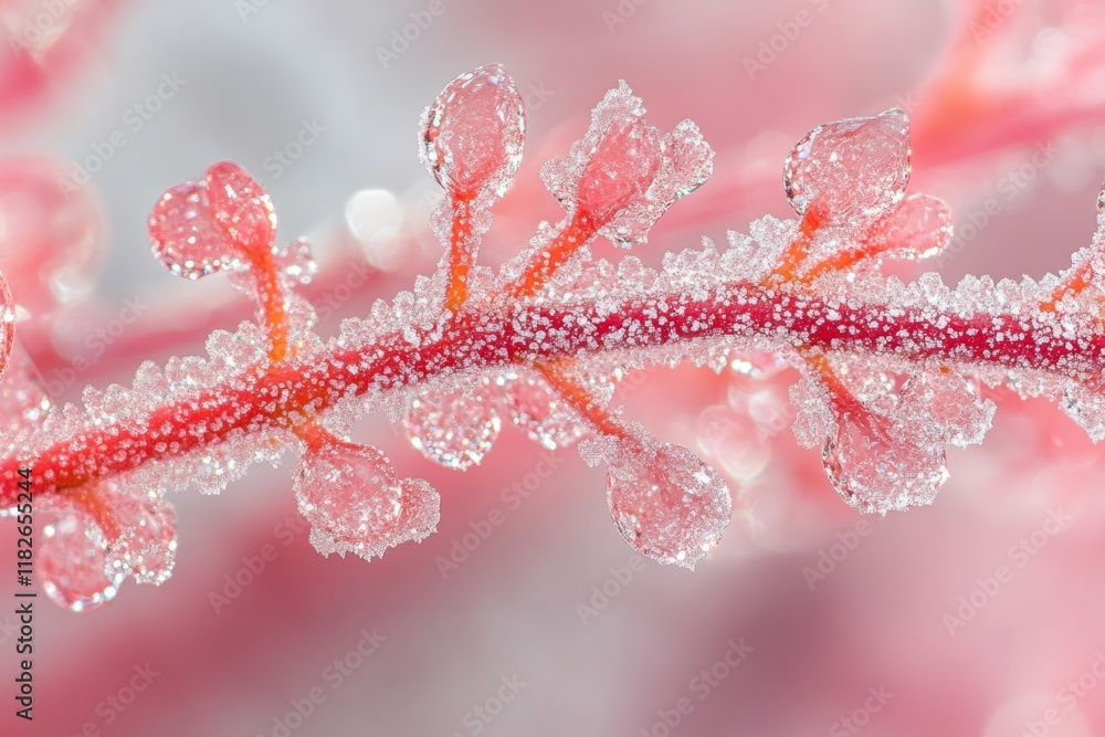 Poster delicate branches covered in snow glisten with ice droplets under soft light. this macro view reveal