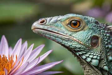Obraz premium Close-up profile of a vibrant green iguana beside a purple water lily.