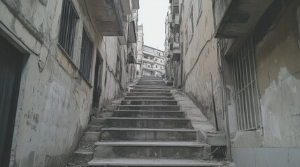 Steep stone staircase ascending between aged, weathered buildings in a narrow city alley.