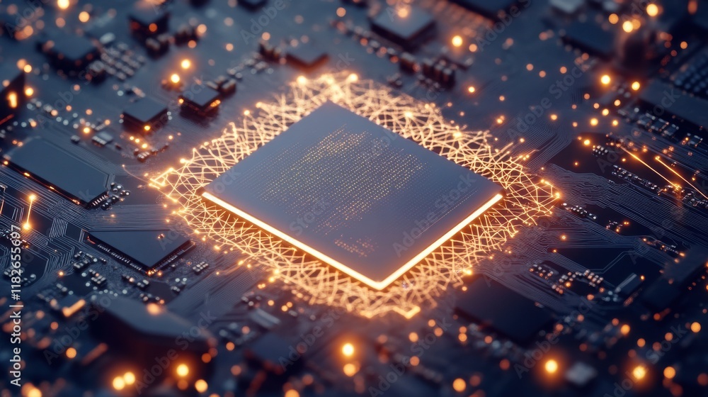 Poster microchip technology illuminated with glowing circuits on a dark circuit board background