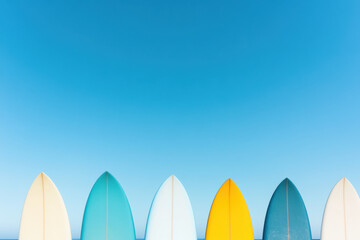 A row of surfboards are lined up on a blue sky background